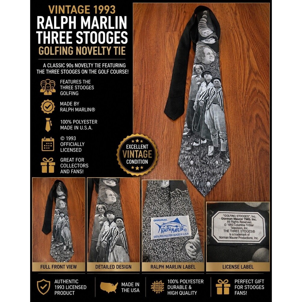 Vintage 1993 Ralph Marlin Three Stooges Golfing Novelty Tie Black USA